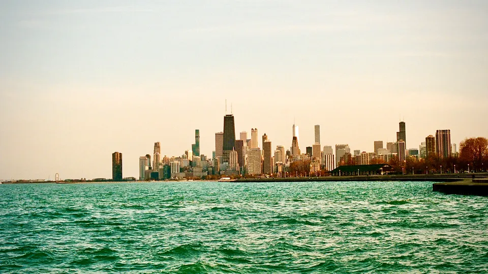The skyline seen across the water of Lake Michigan in Chicago