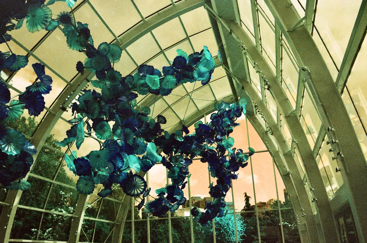A hanging installation of colorful glass forms beneath a glass roof in Seattle
